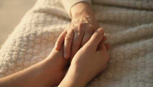 Hyper-realistic macro photography of two hands tightly clasped together, resting on a soft, textured white woolen blanket. One hand appears older and frail, the other younger and comforting. Soft, warm sunlight streams across the hands, emphasizing the delicate skin textures and conveying profound peace, acceptance, and unconditional love.
