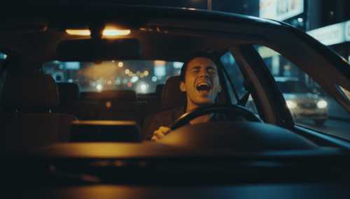 Fotografía cinematográfica nocturna: Una persona dentro de su coche conduciendo por la ciudad, iluminada intensamente por las luces de neón del exterior y el resplandor cálido del salpicadero. Tiene la boca abierta cantando a pleno pulmón, con los ojos entrecerrados y una expresión de liberación absoluta. Reflejos urbanos en el parabrisas, estilo película de 35mm.