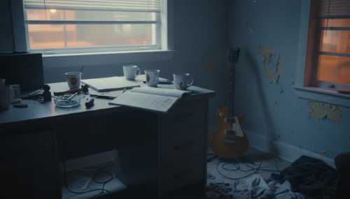 Fotografía fotorrealista de estilo documental: Una habitación descuidada iluminada solo por la tenue luz de las farolas que se filtra por la persiana durante la madrugada. Se observa un cenicero lleno, tazas de café a medio terminar, cuadernos abiertos con letras tachadas y una guitarra eléctrica desgastada apoyada contra la pared. Textura visual analógica, cruda y melancólica.