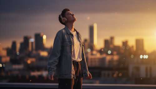 Fotografía urbana al atardecer: Una persona joven de pie en una azotea o calle de la ciudad, usando unos auriculares grandes (over-ear). Tiene los ojos cerrados, el rostro alzado hacia la luz dorada del cielo y una expresión de paz profunda y alivio, exhalando visiblemente y liberando tensión corporal. Colores cálidos, fondo urbano desenfocado (bokeh).