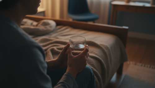 Over-the-shoulder shot of a person sitting on the edge of a bed in dim, warm evening light. They are holding a half-empty glass of water with both hands gently in front of them, looking slightly upward. Introspective mood, sharp focus on the hands and glass, blurred cozy bedroom environment in the background.