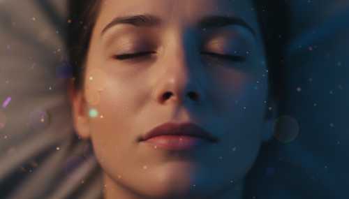 Artistic and highly detailed close-up of a person's face in the twilight phase of sleep (hypnagogic state). The expression is one of profound peace. Soft warm ambient light blending with cool shadows, capturing the exact moment of drifting into sleep. 85mm lens, soft focus background, photorealistic.