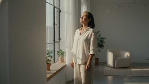 A serene person standing near a large window in the early morning, bathed in warm, golden hour sunlight. Their eyes are closed, showing a peaceful smile, embodying deep inner wisdom, trust, and emotional balance. Minimalist and tidy interior, soft lighting, highly detailed and emotionally evocative, 35mm photography.