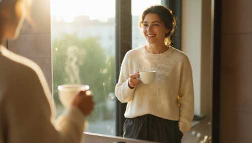 A bright, sunlit morning scene. A person is looking in the bathroom mirror or looking out the window while holding a coffee cup, showing a sudden expression of pleasant realization and clarity (an 'Aha! moment'). Morning light streaming in, fresh and uplifting atmosphere, realistic lifestyle photography.