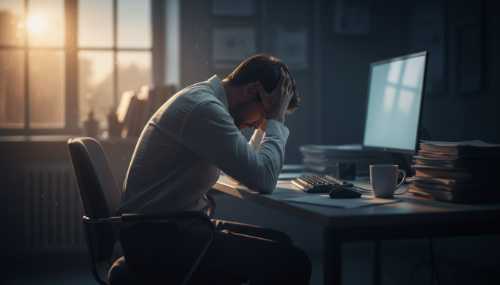 Conceptual but photorealistic shot of a person sitting at a dimly lit office desk, completely drained, resting their forehead in their hands. In the background, blurred paperwork and a softly glowing computer screen. Warm, fading sunset light streams through a window, symbolizing the end of a long day and a depleted mental battery.