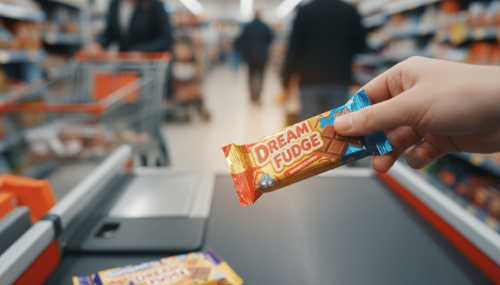 Photorealistic close-up shot in a supermarket checkout aisle. A slightly blurry hand is reaching for a brightly colored chocolate bar on the shelf. The focus is on the candy's vibrant colors and the temptation, contrasting with a tired, out-of-focus background showing the bustling store. Cinematic depth of field.