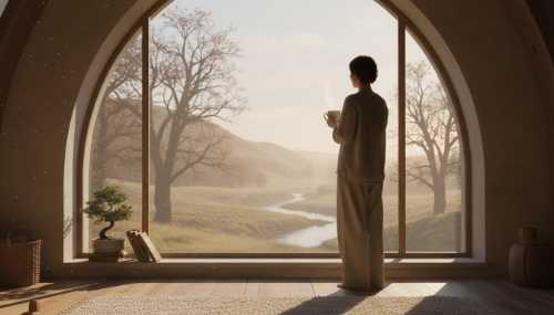A peaceful, serene scene of a person looking out of a large window towards a calming natural landscape, holding a warm cup of tea in their hands. Bathed in gentle, golden morning sunlight. No smartphones or technology in sight. Highly detailed, soft shadows, evoking a deep sense of mental reset, mindfulness, and tranquility.