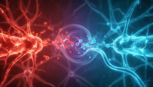 Macro microscopic visualization of glowing neurotransmitters crossing a neural synapse. The scene transitions from an angry, fiery red inflammation on one side to a soothing, cool, bioluminescent blue on the other, representing the anti-inflammatory power of acetylcholine.