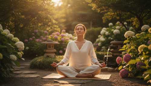 A photorealistic portrait of a woman meditating outdoors in a peaceful garden, eyes gently closed, breathing deeply, bathed in warm golden hour sunlight. High-end lifestyle photography conveying absolute calm, safety, and a balanced autonomic nervous system.