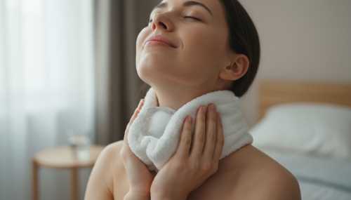 Close-up photorealistic shot of a person gently pressing a white towel-wrapped ice cube against the back of their neck (base of the skull). The lighting is soft and natural from a nearby window, capturing a sense of immediate physical relief and therapeutic care.