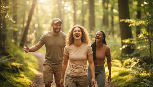 Joyful lifestyle photography of a smiling, healthy adult walking with friends in a vibrant, sunlit green forest. They are laughing naturally, embodying vitality, resilience, and a strong vagal tone. Bright daylight, beautiful bokeh effect, shallow depth of field.