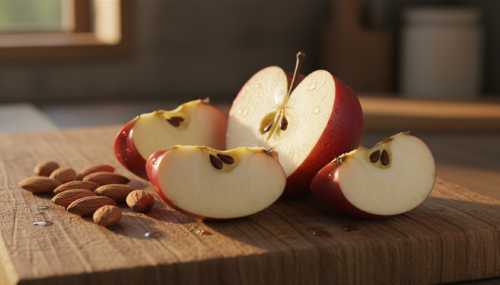 Close-up photorealistic shot of a vibrant, freshly sliced red apple showing its juicy texture, core, and seeds, resting on a rustic wooden cutting board. Alongside the apple is a small, neat handful of raw almonds. Highly detailed macro food photography, warm earthy tones, inviting, wholesome, and healthy aesthetic.