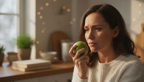 Photorealistic portrait of a thoughtful woman holding a crisp green apple in one hand, contemplating her choice before eating. A warm, cozy home kitchen background softly blurred in beautiful bokeh. Natural afternoon light highlighting her facial expression of mindfulness, pause, and self-awareness. Shot on 85mm lens, 8k resolution.