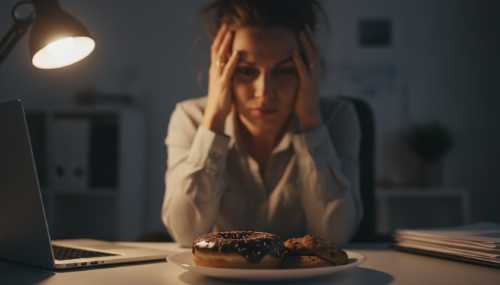 Photorealistic image of a stressed, tired professional looking at a tempting chocolate glazed donut and a pile of cookies on a white plate. The person has their hands near their face, showing mild frustration or craving. Soft, moody indoor office lighting emphasizing the contrast between the sweet treats and the person's emotional struggle. 35mm photography, shallow depth of field, sharp focus on the dessert.