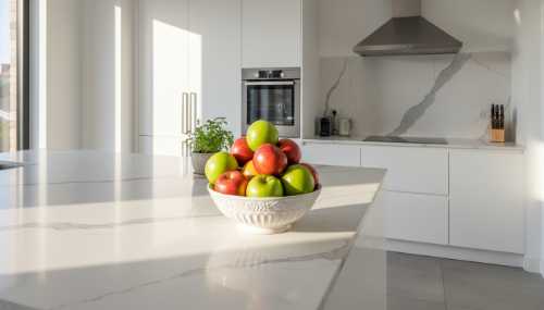 A bright, modern kitchen interior featuring a beautiful, elegant ceramic fruit bowl overflowing with vibrant red and green apples, placed prominently in the exact center of a clean marble countertop. Natural sunlight illuminating the fruit, creating a sense of immediate accessibility and vibrant health. High-end architectural interior photography style.