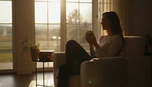 A serene, photorealistic image of a person sitting peacefully near a window during late afternoon, gently holding a half-eaten apple. Their eyes are lightly closed in a relaxed, meditative expression, deeply conveying inner peace and emotional balance. Warm golden sunlight gracefully wrapping around their silhouette. Cinematic, highly detailed, evoking a sense of profound calm and healing.