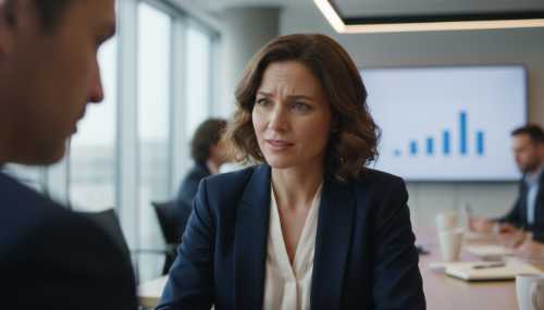 Photorealistic candid shot in a modern corporate meeting room. Focus on a woman looking intently and empathetically at a colleague whose face is slightly out of focus in the foreground. Natural office lighting, capturing subtle microexpressions, highly detailed.