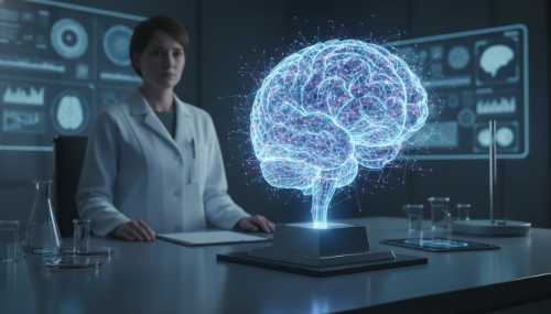 A photorealistic close-up of an intricate, glowing 3D holographic human brain floating above a sleek laboratory desk, highlighting glowing neural pathways. A neuroscientist in a crisp white lab coat is softly out of focus in the background. Cinematic lighting, modern medical aesthetic, highly detailed.