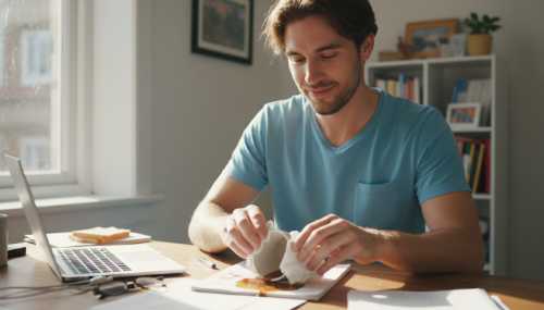 Photorealistic image of a young man sitting at a messy home office desk where a cup of coffee has just spilled over some papers. Instead of looking angry, he is smiling gently and calmly wiping it up with a napkin. Bright, natural window light, highly detailed everyday scene.