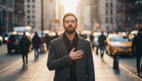 Photorealistic shot of a man standing completely still in the middle of a bustling, blurred city sidewalk. He has one hand resting gently on his chest and his eyes closed, finding inner calm and body awareness amidst the urban chaos. Cinematic lighting, shallow depth of field, 8k.
