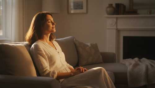 Photorealistic portrait of a woman sitting comfortably on a plush living room sofa. Her eyes are gently closed, hands resting on her lap, taking a deep breath. Soft golden hour sunlight streams through a nearby window, casting warm, tranquil shadows. Highly detailed, peaceful mood.