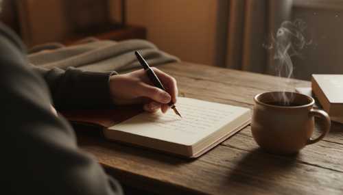 Photorealistic close-up over-the-shoulder shot of a person writing thoughtfully in a premium leather-bound journal resting on a rustic wooden table. A steaming ceramic mug of tea is beside the journal. Cozy, warm indoor lighting, sharp focus on the pen and textured paper.