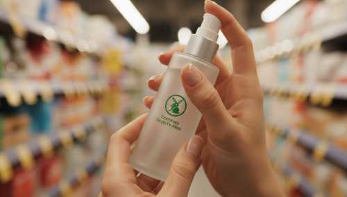 Extreme close-up shot of a person's hands holding a modern cosmetic bottle, turning it around to read the back label. Focus is sharp on a distinct 'cruelty-free bunny' logo on the packaging. The background is a beautifully blurred grocery store aisle (bokeh). Sharp focus, macro photography, high resolution.