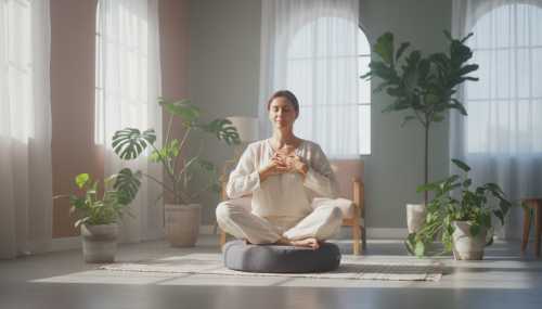 Beautiful interior photography of a calm, mindful person sitting on a meditation cushion in a minimalist, sunlit living room surrounded by lush green indoor plants. The person has their hands on their heart, expressing deep inner peace and alignment with their values (Ahimsa). Natural window light, soft pastel tones, ultra-realistic.