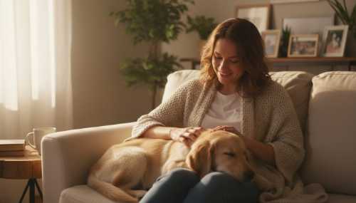 Warm and intimate lifestyle portrait of a person sitting on a cozy sofa, smiling peacefully while gently petting a relaxed dog or cat resting on their lap. Soft golden hour light streaming through the window, capturing the emotional connection, empathy, and somatic peace that comes from compassion towards animals. Cinematic, highly detailed, photorealistic.