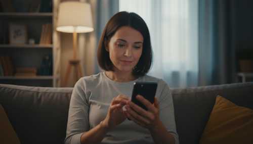 Fotografía fotorrealista de primer plano de una persona sentada en el sofá de su casa, sosteniendo su smartphone y escribiendo un mensaje con una expresión empática, madura y reflexiva. Iluminación íntima y suave, que transmite el acto de dar la cara y practicar la responsabilidad afectiva.