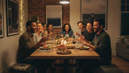 Fotografía fotorrealista y cándida de un grupo diverso de personas compartiendo una cena en una sala acogedora. Todos ríen e interactúan de forma natural, relajada y horizontal, sin jerarquías evidentes. Iluminación cálida de interiores, estilo lifestyle, que transmite comunidad y conexión genuina.