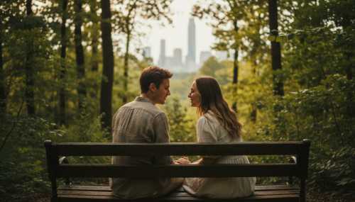 Fotografía fotorrealista de dos personas jóvenes sentadas en un banco de madera en un bosque frondoso, mirándose con complicidad mientras charlan profundamente. La escena transmite la creación de un vínculo único y acuerdos propios lejos de las presiones de la ciudad de fondo. Luz natural filtrándose entre las hojas.