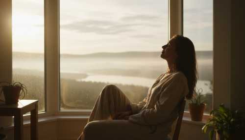 Fotografía fotorrealista de una persona de perfil, sentada en una postura relajada frente a un gran ventanal al amanecer, con los ojos cerrados y una leve sonrisa de paz. Representa el desapego consciente y la calma del sistema nervioso. Tonos suaves y dorados de la mañana.