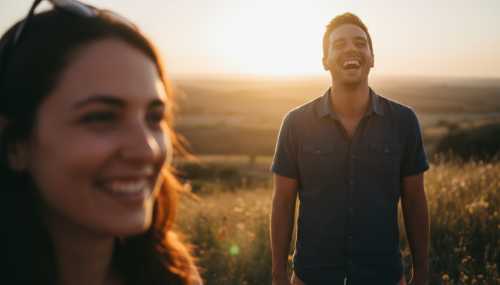 Fotografía fotorrealista al aire libre durante la 'golden hour'. En primer plano y ligeramente desenfocada, una persona sonríe de forma genuina y cálida mirando hacia el fondo, donde su pareja se ríe a carcajadas compartiendo un momento feliz y autónomo. Representa la 'compersión' y la alegría por la libertad del ser amado.