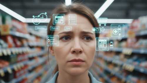 Close-up of a woman's face looking thoughtfully and slightly stressed into the distance while standing in a supermarket aisle. Above or around her head, subtle, ethereal floating digital icons or translucent sticky notes representing schedules, groceries, and medical appointments. Shallow depth of field, realistic textures, soft supermarket lighting.