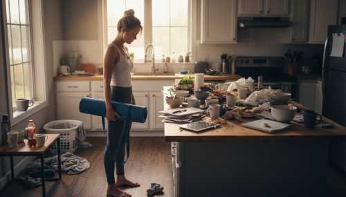Photorealistic shot of an exhausted woman in yoga clothes standing in a messy kitchen. She is holding a rolled-up yoga mat in one hand and looking at a kitchen island full of dirty dishes and scattered paperwork with a defeated expression. Morning sunlight streaming through the window, emphasizing the contrast between modern wellness expectations and harsh domestic reality.