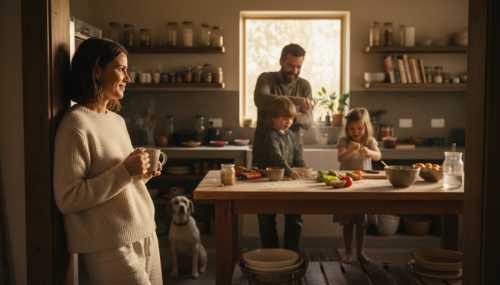 A peaceful, photorealistic image of a woman smiling gently while watching her partner and children playfully cooking dinner in the kitchen. The kitchen is a bit messy with flour on the counter, but the woman looks completely relaxed. She is leaning against the doorframe, holding a warm cup of tea, visibly letting go of control. Warm, golden hour lighting, cozy domestic atmosphere.