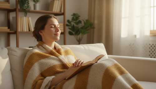 Photorealistic portrait of a woman resting peacefully on a comfortable living room sofa, wrapped in a soft blanket, holding a book on her lap. The environment around her is tidy, serene, and bathed in warm, comforting afternoon sunlight. She looks genuinely relaxed, unburdened, and content, representing true mental rest. High resolution, intimate and calm mood.