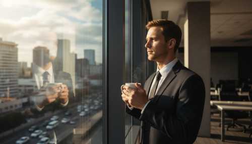 Fotografía de estilo de vida fotorrealista. Un hombre joven y profesional de pie frente al gran ventanal de una oficina moderna, mirando la bulliciosa ciudad con una expresión de calma absoluta y claridad mental. Sostiene una taza de té, bañado por la brillante luz de la mañana. Alto contraste, iluminación natural, sensación de enfoque, paz y ausencia de estrés.
