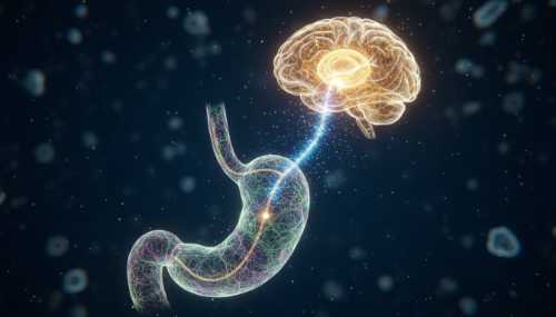 Ilustración médica 3D de altísima calidad y fotorrealista. Una representación artística y elegante del nervio vago como una autopista de luz brillante azul y dorada que conecta un estómago abstracto con un cerebro humano luminoso. Estilo microscópico moderno, con pequeñas partículas de luz fluyendo hacia arriba, simbolizando la transferencia de información y bienestar emocional.