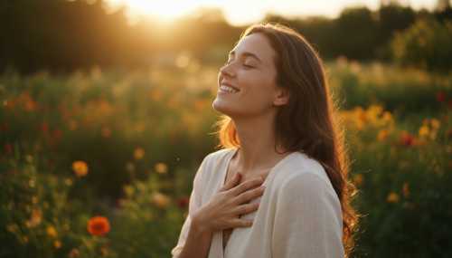Fotografía ultrarrealista y cálida. Una mujer joven sonriendo genuinamente, con los ojos cerrados de pura felicidad, bañada por la luz dorada del atardecer ('golden hour') en medio de un jardín frondoso. Transmite una abrumadora sensación de bienestar, serotonina, confianza y alegría sostenida. Textura de piel detallada, desenfoque de fondo suave (bokeh).
