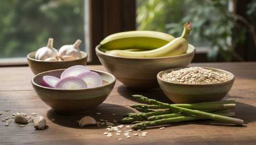 Fotografía culinaria de alta calidad, realista y vibrante. Una encimera de cocina rústica de madera iluminada por luz natural que entra por una ventana. Sobre ella, una composición estética y apetitosa de alimentos prebióticos frescos: ajos crudos, cebollas moradas, plátanos ligeramente verdes, avena integral y espárragos verdes, dispuestos en boles de cerámica artesanal. Atmósfera cálida y saludable.