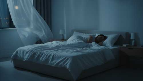 Fotografía fotorrealista y muy tranquila de un dormitorio por la noche. Una mujer duerme profundamente y con expresión plácida en una cama muy cómoda con sábanas de lino blanco. La habitación está iluminada únicamente por la luz de la luna que entra por la ventana, creando tonos azulados y suaves. Atmósfera de descanso reparador, calma profunda y sistema nervioso relajado.