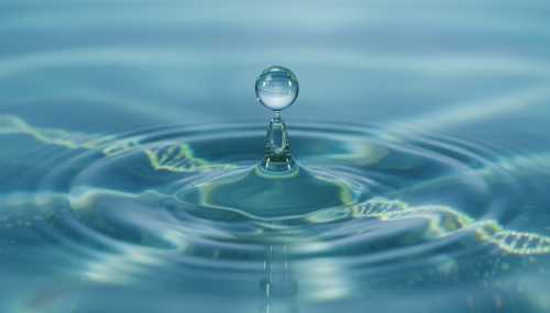 Cinematic macro photography of a single perfect water drop hitting a tranquil, crystal-clear water surface, creating flawlessly symmetrical and glowing concentric ripples. In the subtle reflections of the water, faint, luminous structural shapes resembling a DNA double helix can be seen. Cool, calming blue and turquoise tones, highly detailed, evoking cellular healing, water memory, and 528 Hz frequency.