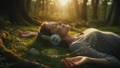 A photorealistic image of a person lying comfortably on lush green grass in a sunlit forest, wearing modern high-quality headphones. They look deeply relaxed with a gentle, grounded smile. Golden hour lighting filters through the canopy, creating dappled shadows. The image visually represents a deep connection to the earth's natural rhythms and the soothing effect of 432 Hz on the nervous system.