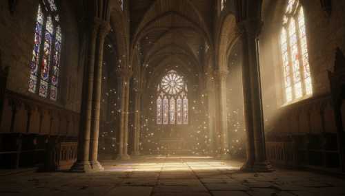 A photorealistic and atmospheric shot of the interior of an ancient, dimly lit stone abbey. Rays of warm, golden sunlight pierce through stained glass windows, illuminating floating dust particles that seem to dance in perfect geometric harmony. The environment feels deeply resonant, spiritual, and historic, evoking the acoustic magic of ancient sacred chants.