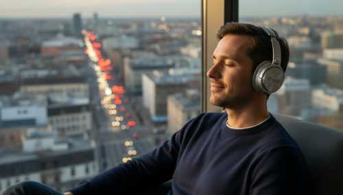 A photorealistic portrait of a modern man sitting comfortably by a large window overlooking a bustling, slightly blurred cityscape. Despite the chaotic background, his eyes are softly closed and his expression is profoundly peaceful. He is wearing elegant over-ear headphones. The contrast highlights finding inner sanctuary and calm through sound amidst the noise of the modern world. Natural daylight.