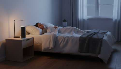 A photorealistic bedroom scene at night, softly illuminated by the warm, dim glow of a minimalist amber bedside lamp and cool moonlight filtering through the window. A person is peacefully sleeping under plush, clean white sheets, looking completely rested and deep in REM sleep. A sleek, modern smart speaker rests on the nightstand. Cozy, soothing atmosphere.