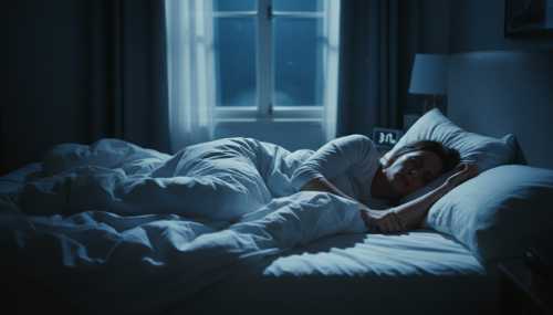Photorealistic image of a person sleeping restlessly in a dimly lit bedroom. The person is lying on their back with their mouth slightly open, looking uncomfortable and tossing in bed. Cool, slightly blue moonlight coming through the window emphasizes a subtle sense of stress and interrupted sleep. Cinematic shadow play, realistic fabric wrinkles on the sheets, 8k resolution.