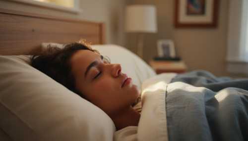 Beautiful, high-fidelity photorealistic shot of a person sleeping deeply and peacefully. The person has their mouth gently closed, breathing calmly through their nose. Soft, warm ambient light in the bedroom creates a comforting, serene atmosphere. The facial expression is completely relaxed, illustrating deep REM sleep, calm nervous system, and low heart rate. 85mm lens, 8k resolution.